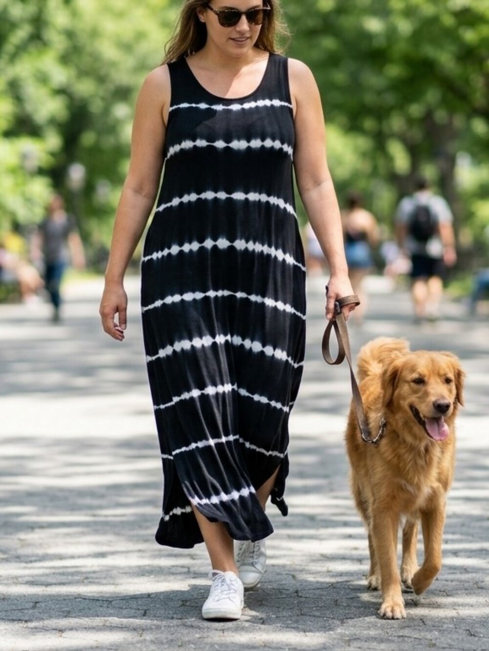 Women’s Black & White Tie-Dye Maxi Dress - Casual Scoop Neck
